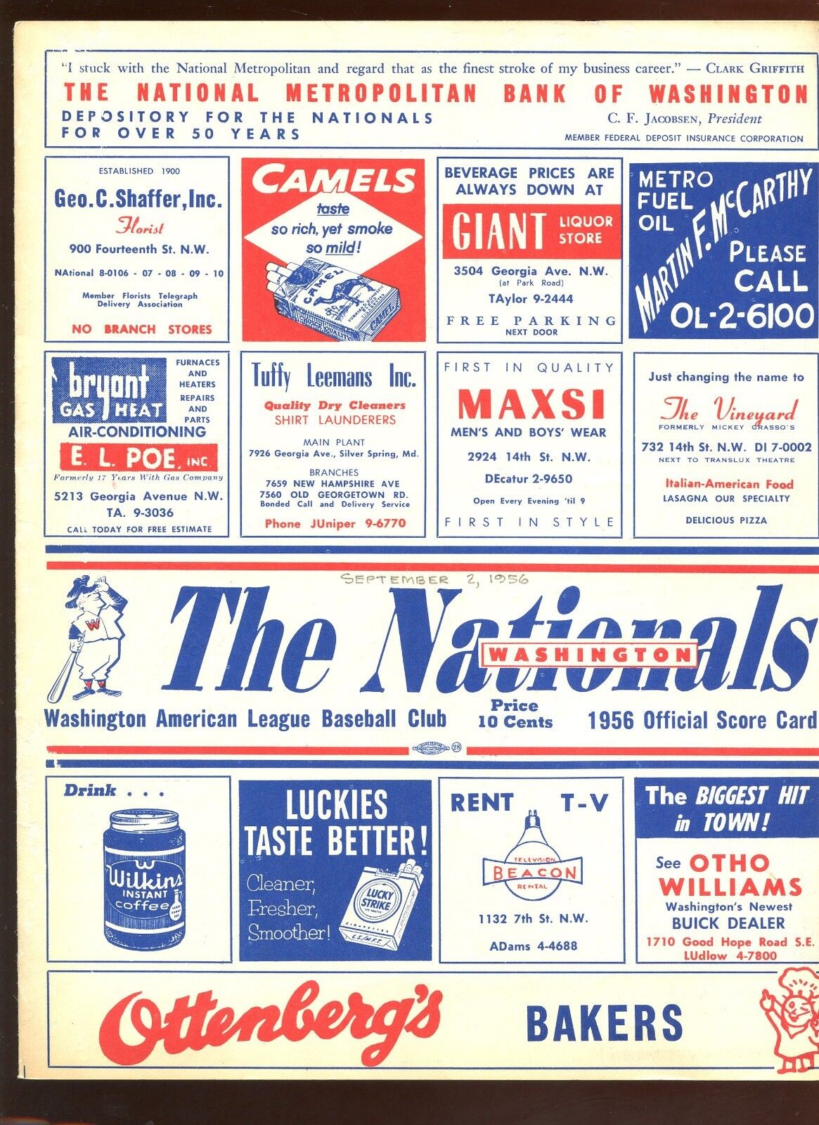 September 2 1956 MLB Scorecard New York Yankees at Washington Senators EX+