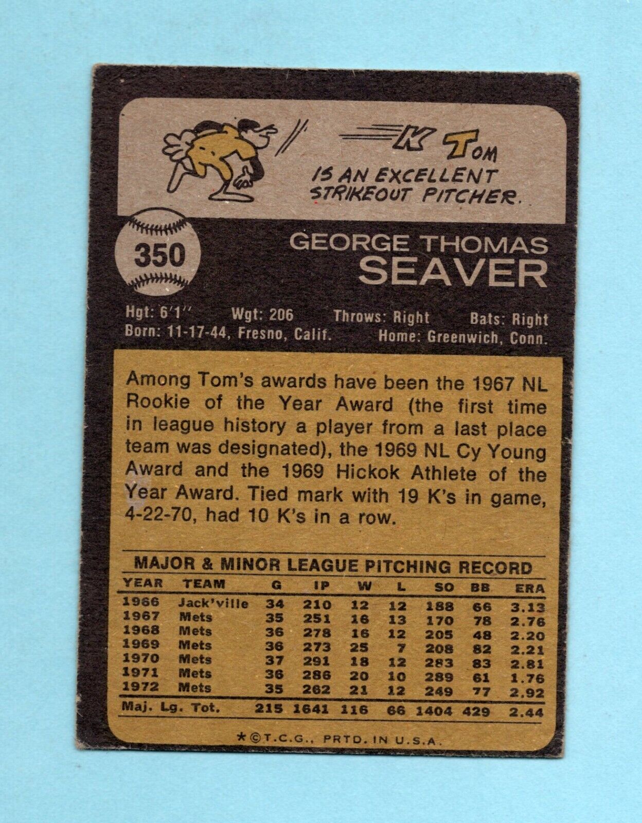 1973 Topps #350 Tom Seaver New York Mets Baseball Card Vg/Ex cres at bottom