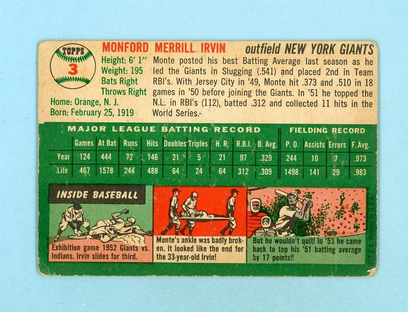 1954 Topps #3 Monte Irvin New York Giants Baseball Card Low Grade