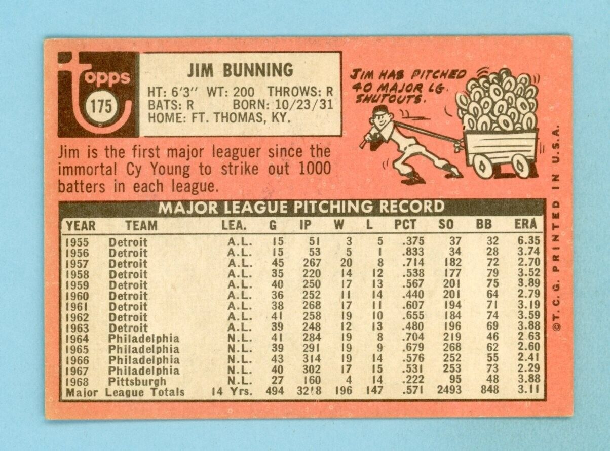 1969 Topps #175 Jim Bunning Pittsburgh Pirates Baseball Card EX