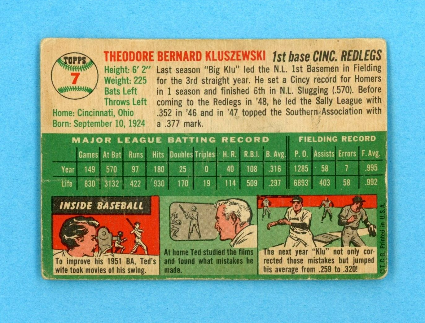 1954 Topps #7 Ted Kluszewski Cincinnati Redlegs Baseball Card Low Grade