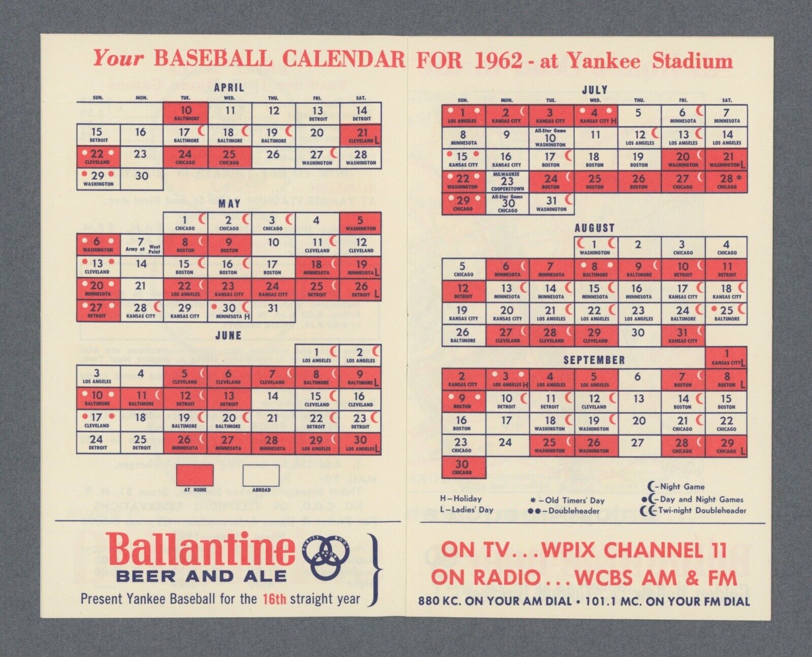 1962 World Champion NY Yankees Official Schedule 