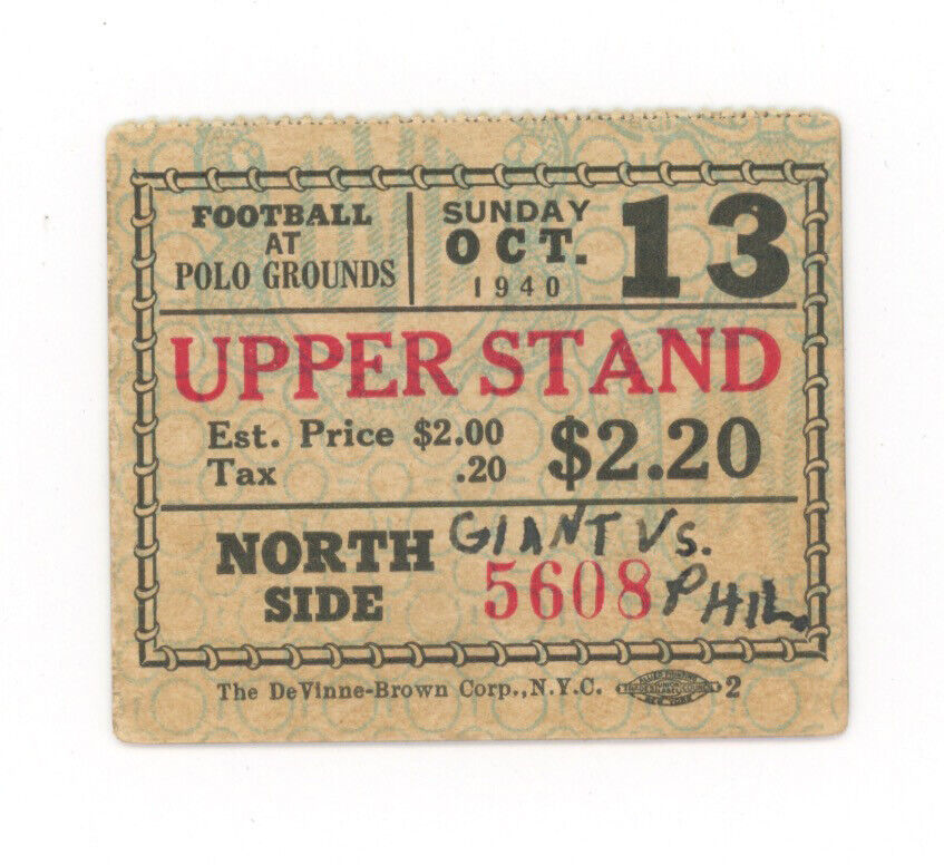 10/13/40 Philadelphia Eagles vs New York Giants • Ticket Stub