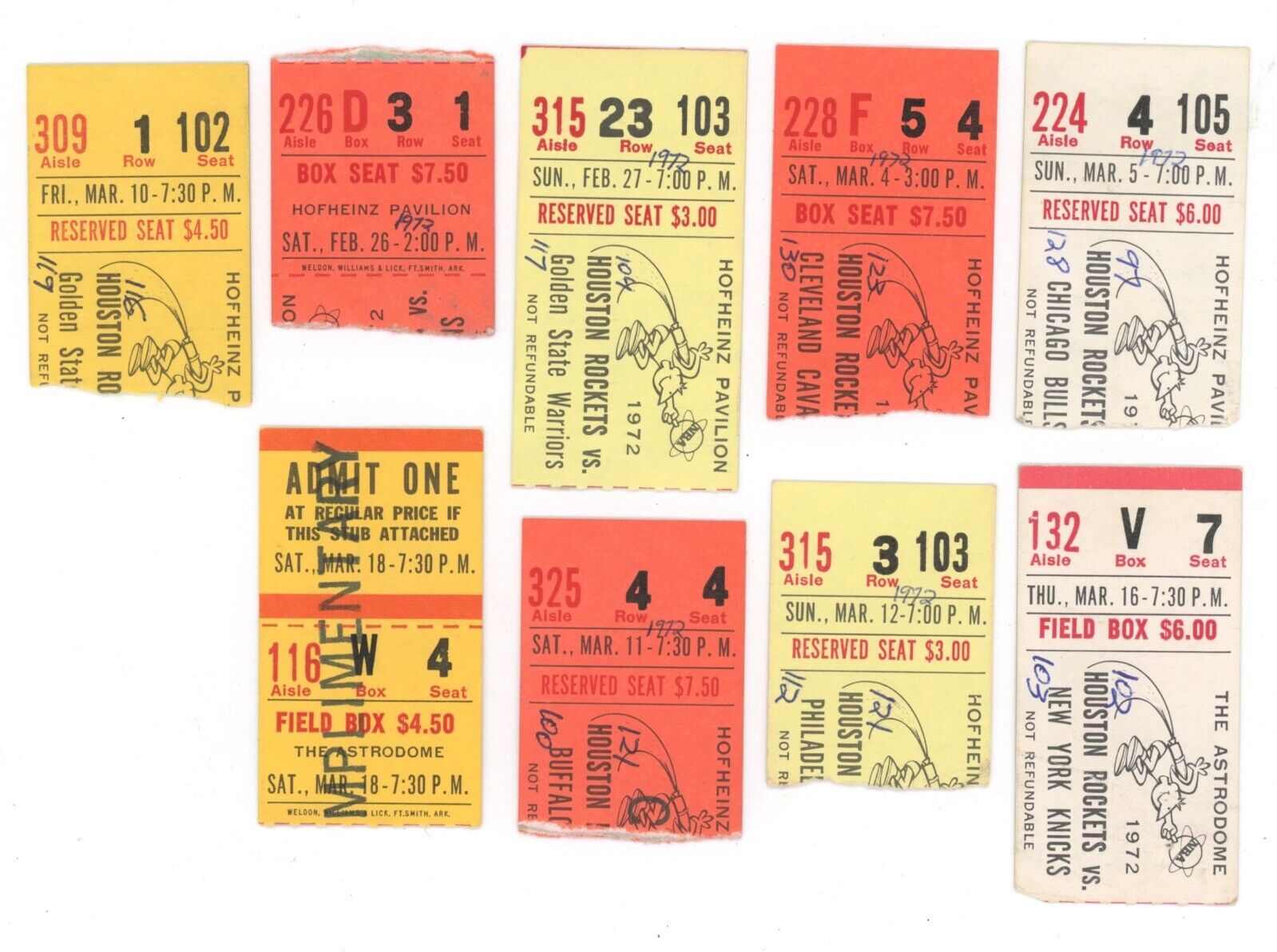 Lot of 25 Different Houston Rockets Ticket Stubs 1971-72 - 1st Year in Houston!