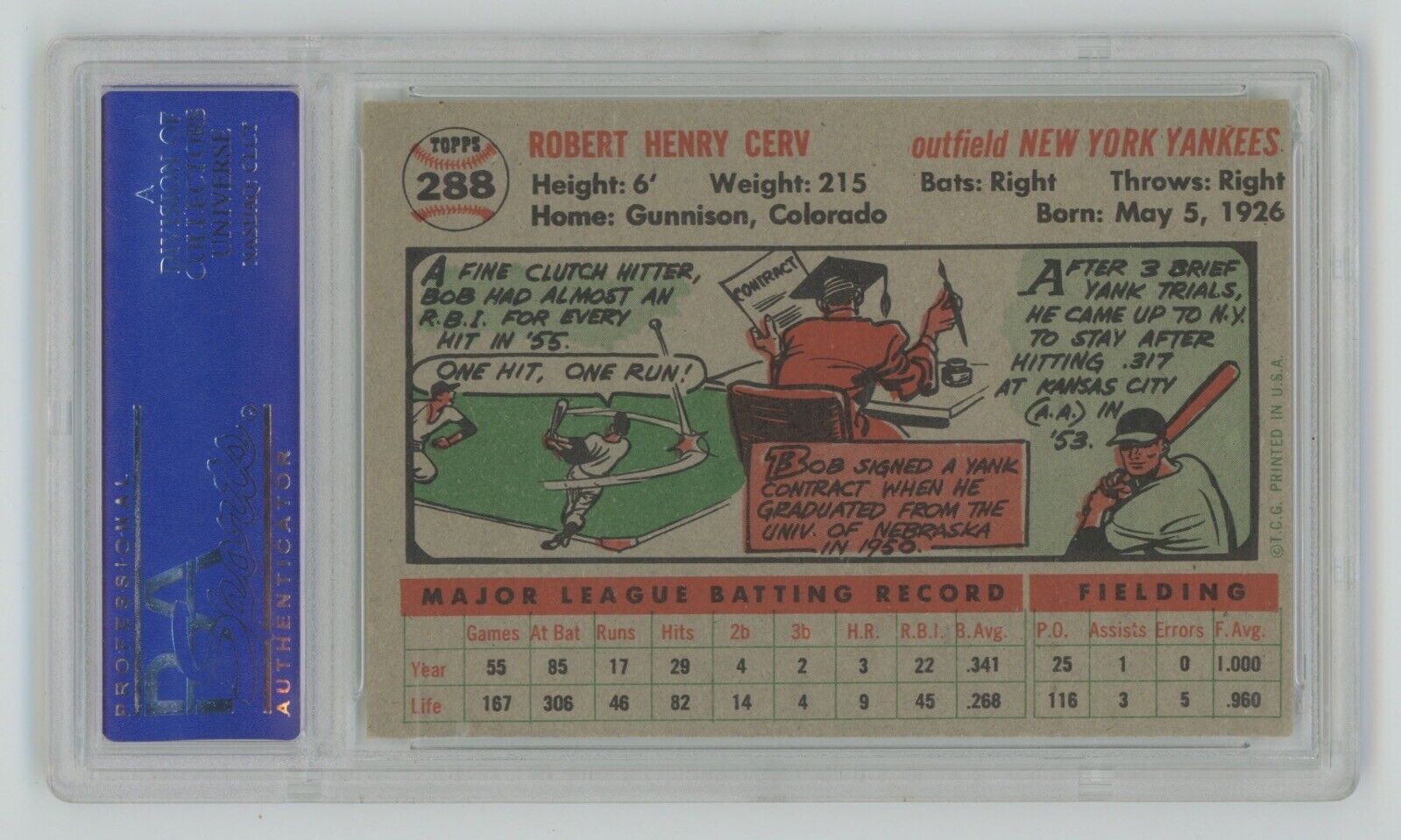 Bob Cerv 1956 Topps SP Card #288 PSA 6 EX-MT