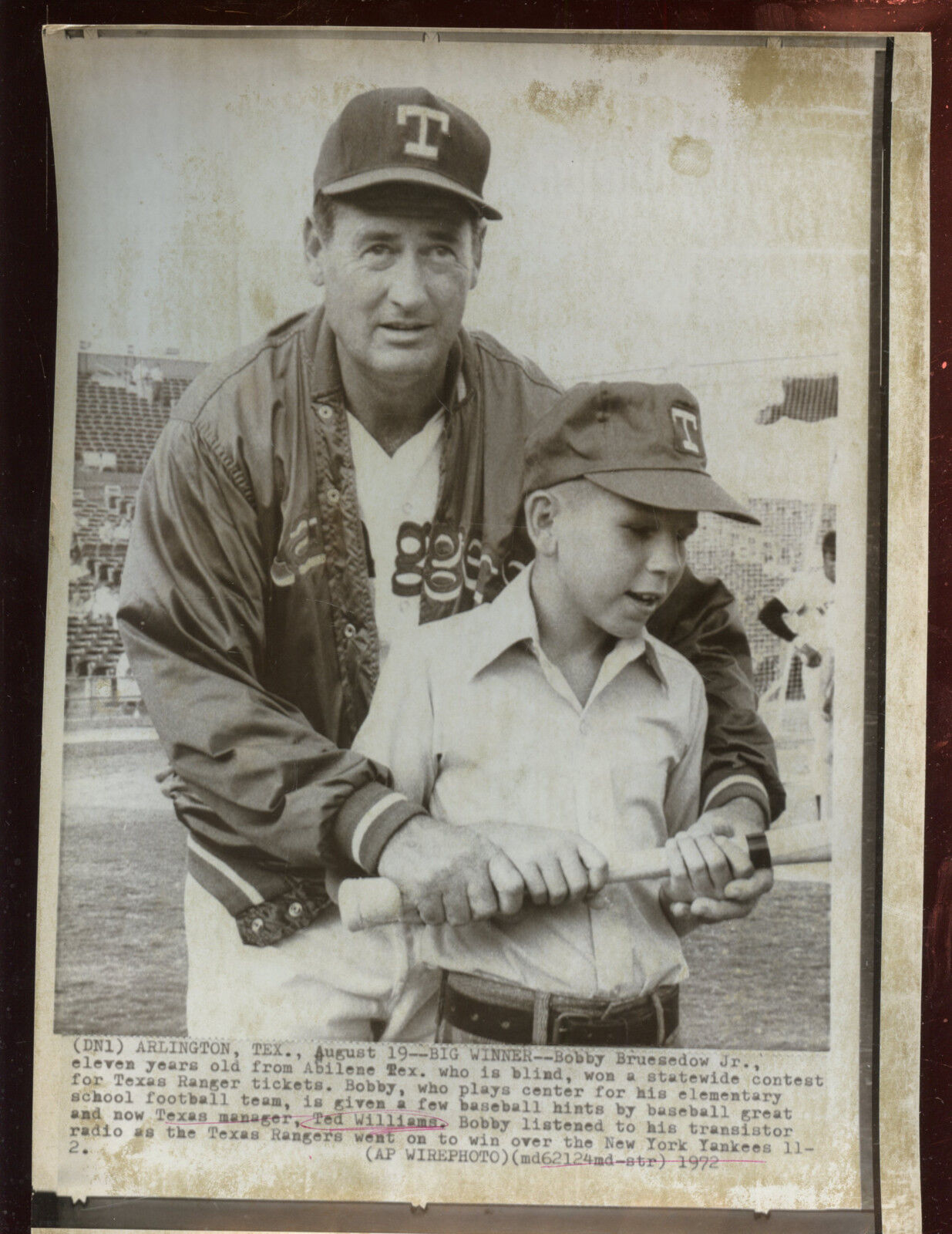 Original August 19 1972 Ted Williams Manager Texas Rangers Wire Photo