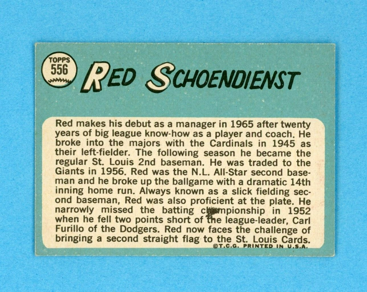 1965 Topps #556 Red Schoendienst St. Louis Cardinals Baseball Card EX wrk trc