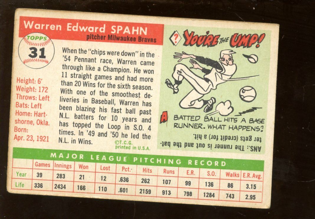 1955 Topps Baseball Card #31 Warren Spahn VG