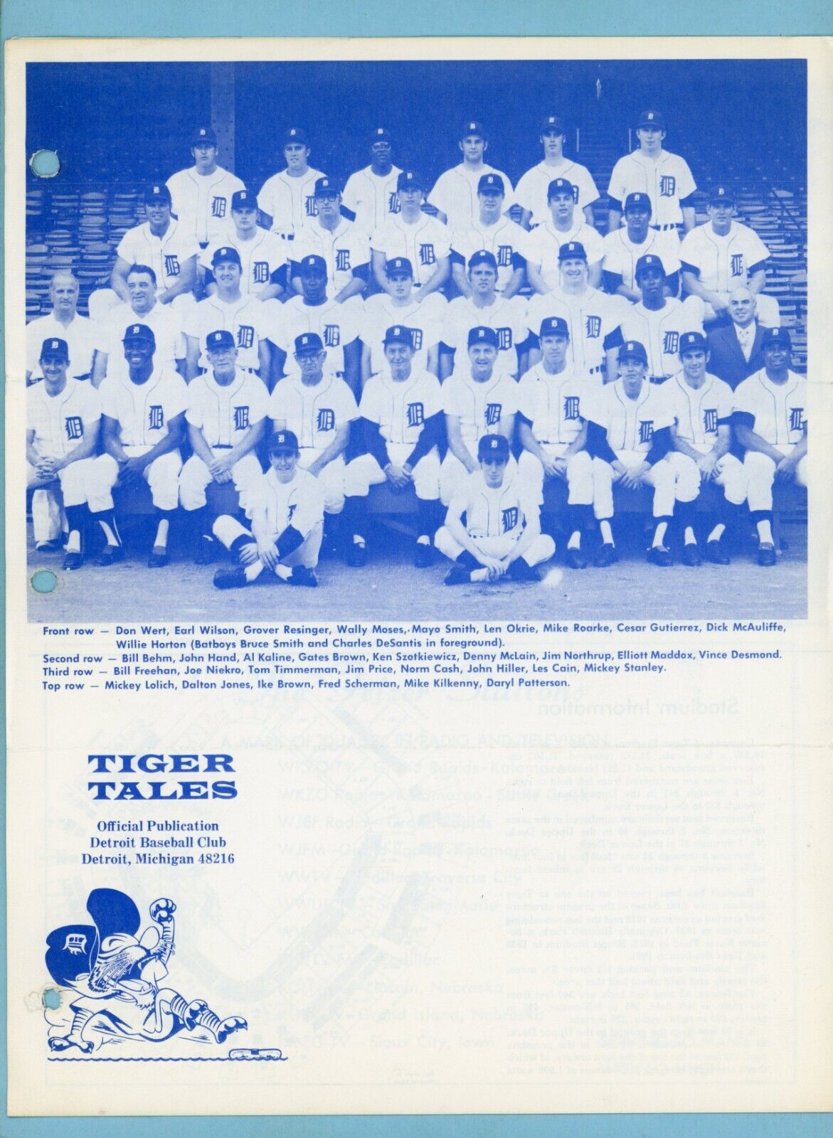 Summer 1970 Tiger Tales Official Detroit Tigers Newsletter Team Photo on Back