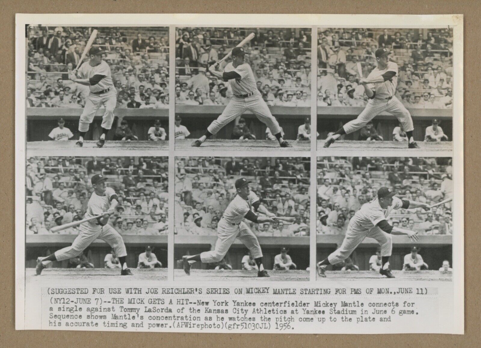 Original 1956 Mickey Mantle Batting Sequence AP 7x10 Wirephoto • Press Photo