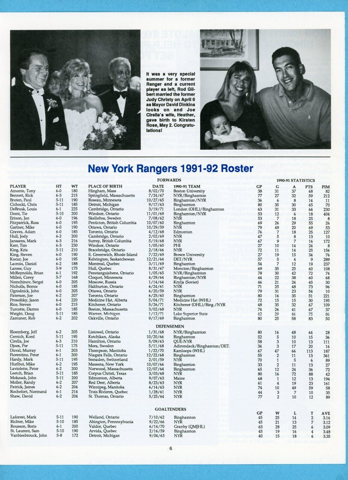 Fall, 1991 New York Rangers Newsletter Marv Albert, James Patrick, Mike Gartner