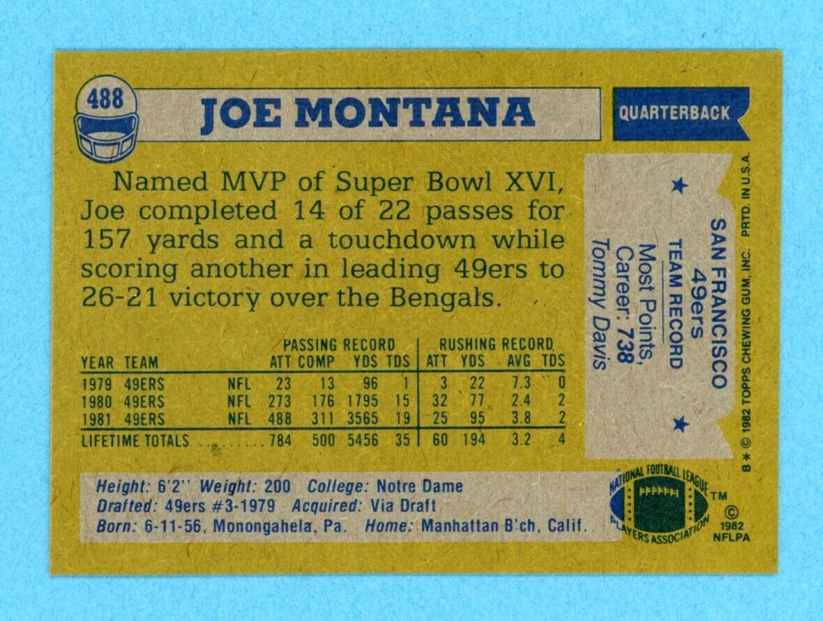 1982 Topps #488 Joe Montana San Francisco 49ers Football Card Ex/Mt - NM