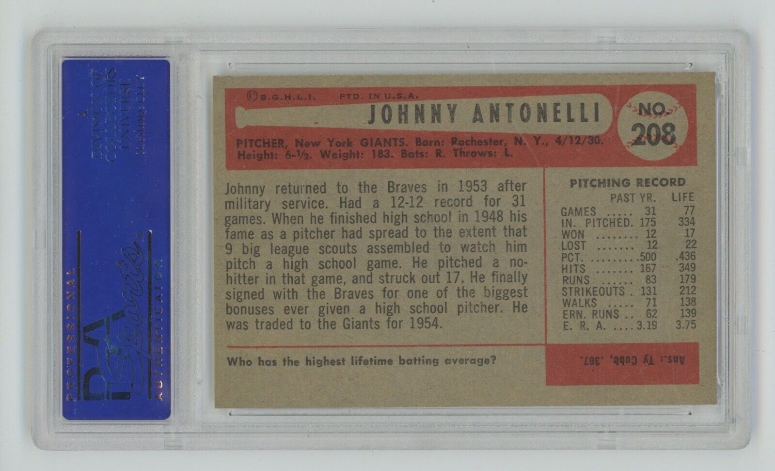 Johnny Antonelli 1954 Bowman Card #208 PSA 7 NM