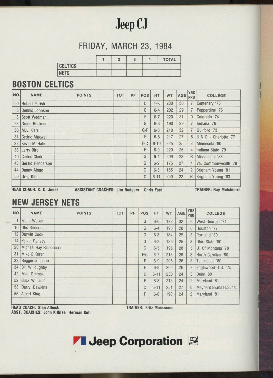 3/23/84 Hoops Game Program • New Jersey Nets vs Boston Celtics