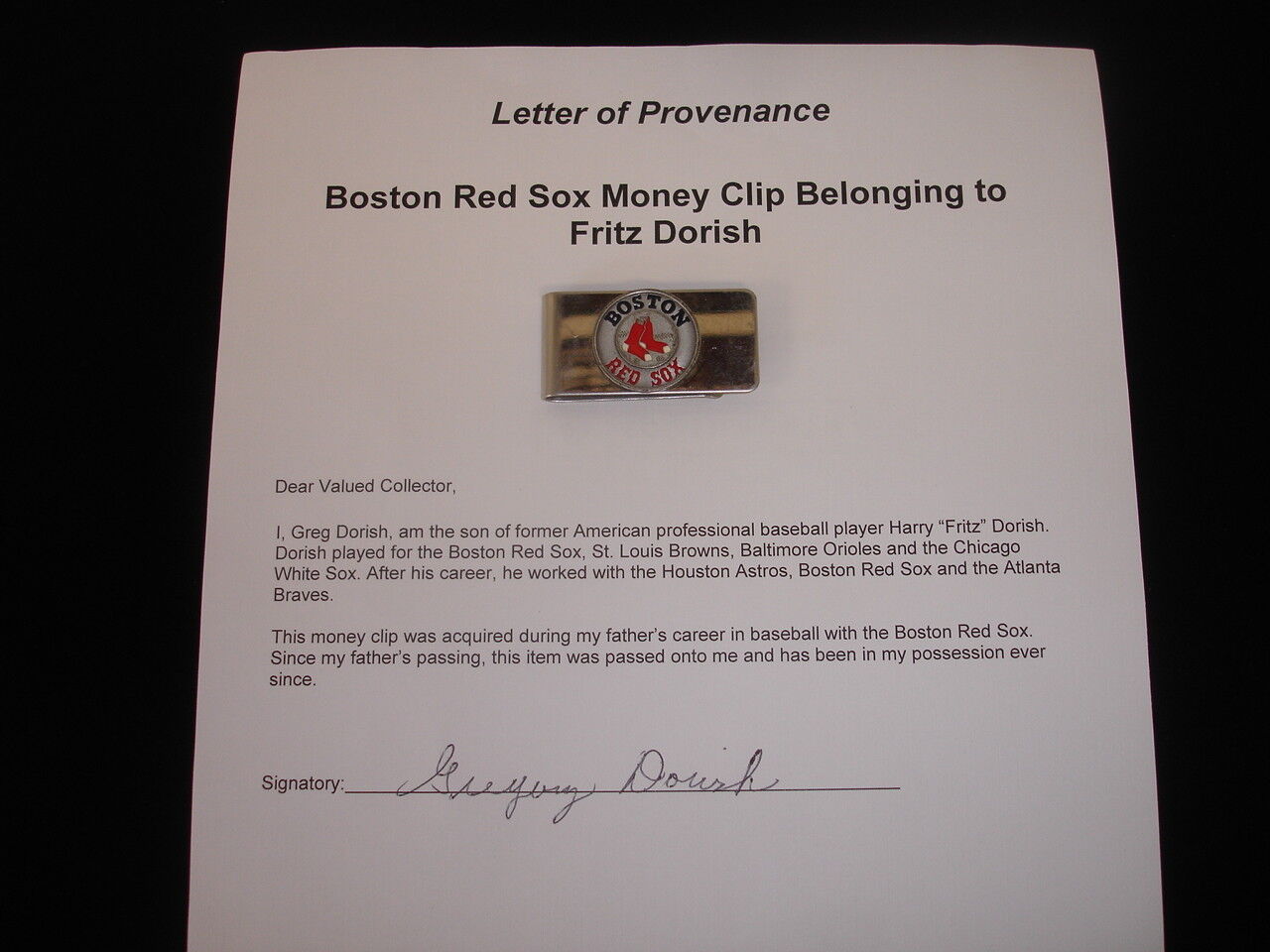  Harry Fritz Dorish Boston Red Sox Personally Owned Money Clip w/Family LOA