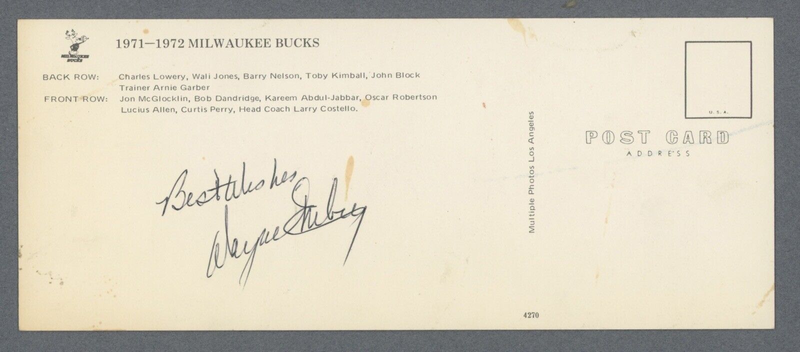 1971-72 Milwaukee Bucks (Jabbar) 3.5x8.5 Team Postcard • Signed by Wayne Embrey