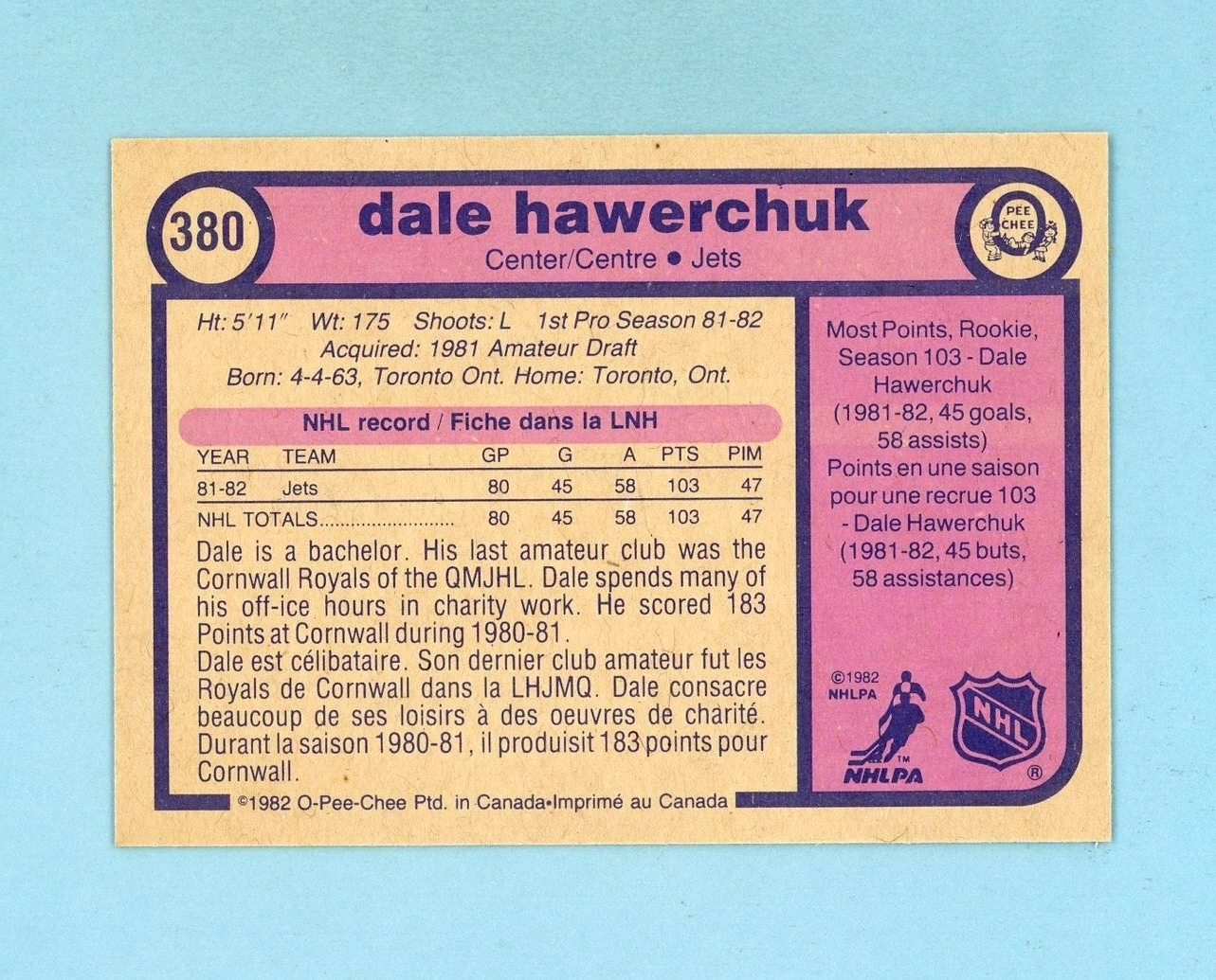 1982-83 OPC #380 Dale Hawerchuk Winnipeg Jets Rookie Hockey Card NM