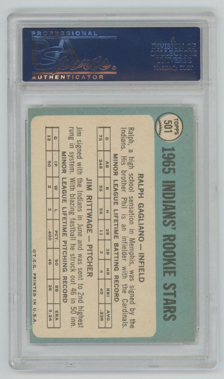 Indians Rookies Gagliano/Rittwage 1965 Topps Card #501 • PSA 8 NM-MT