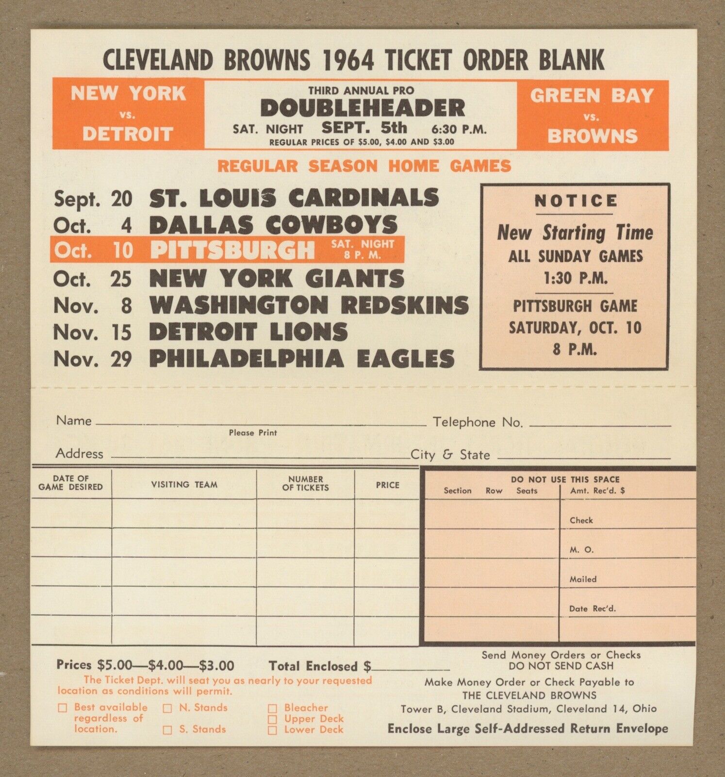 1964 Cleveland Browns Schedule & Ticket Order Forms 5 Pieces • Jim Brown Pic