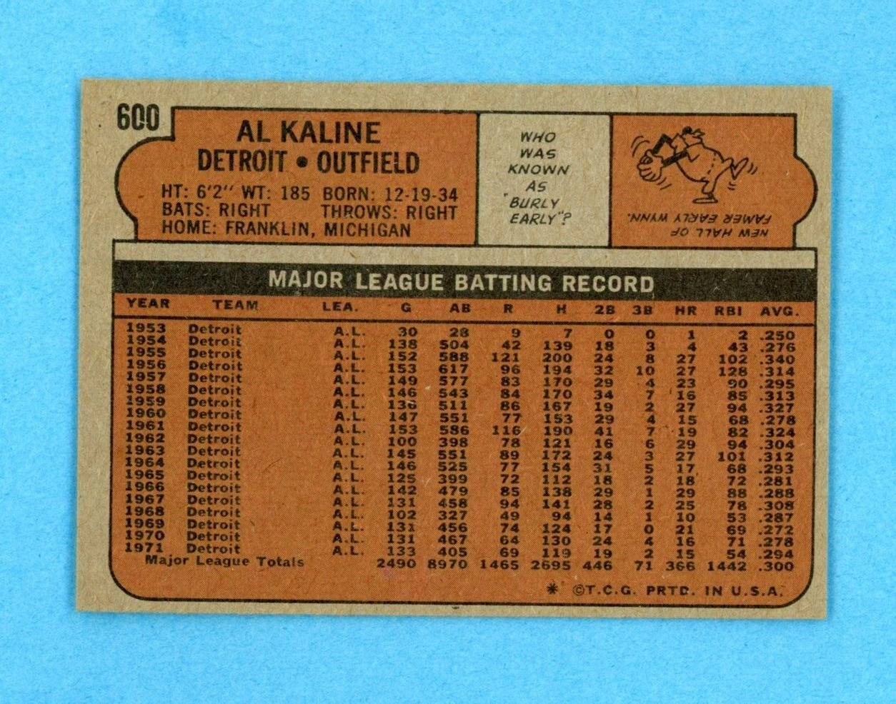 1972 Topps #600 Al Kaline Detroit Tigers Semi-High Number Baseball Card E/M oc