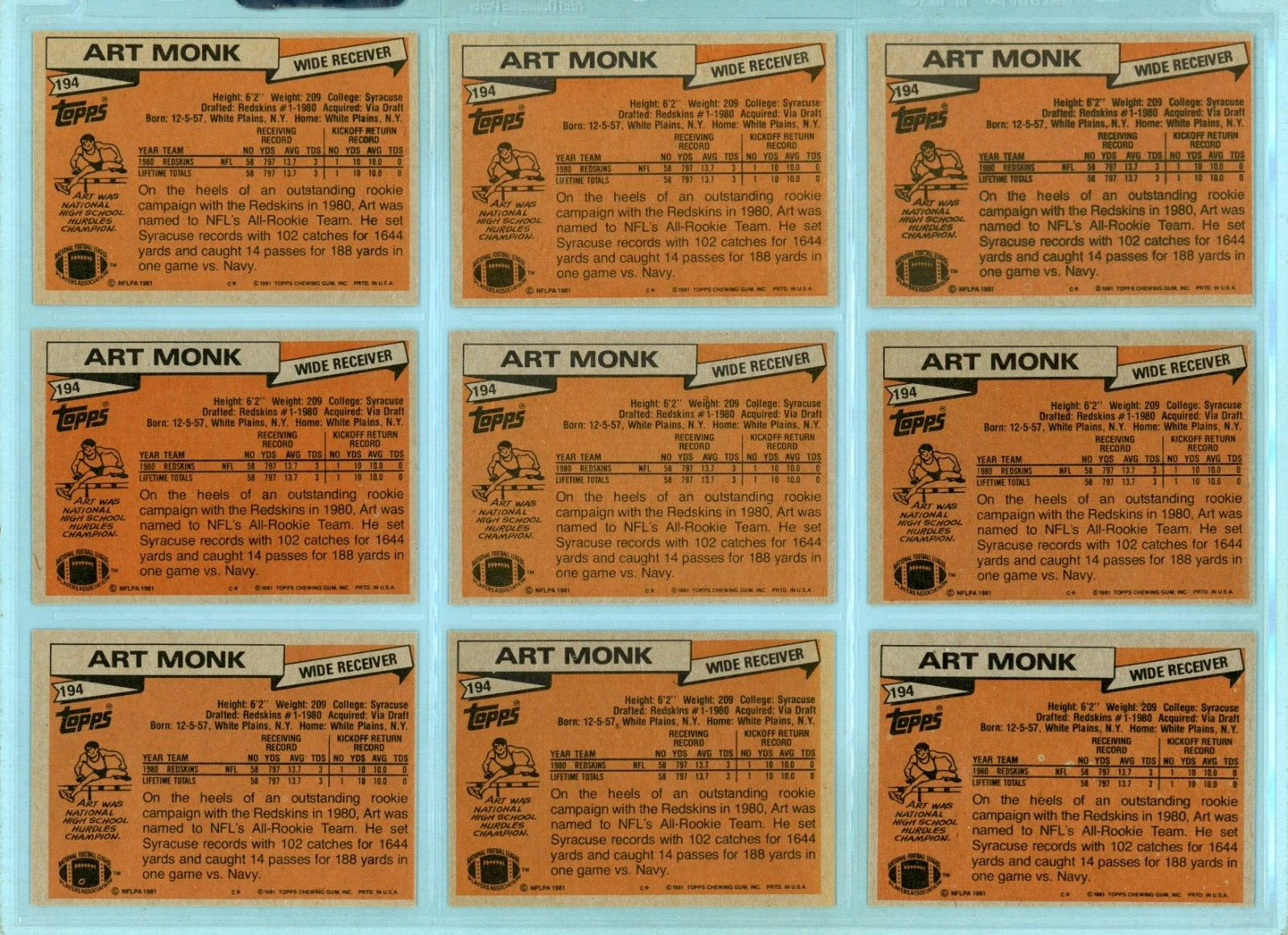 Lot of 9 1981 Topps #194 Art Monk Wash Redskins Rookie Football Cards EX+-NM