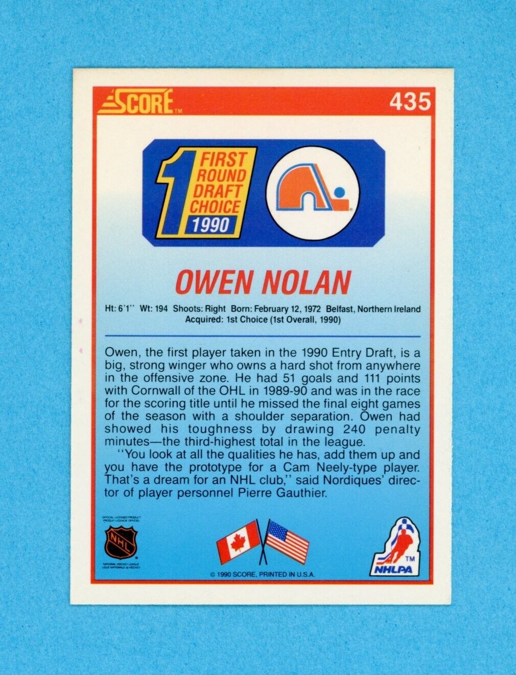 Owen Nolan Quebec Nordiques 1990-91 Score #435 Autographed Rookie Hockey Card