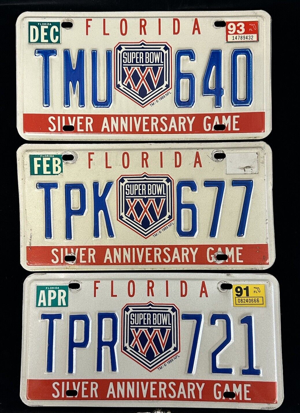 Lot of 3 Different Super Bowl XXV Vintage Florida License Plates