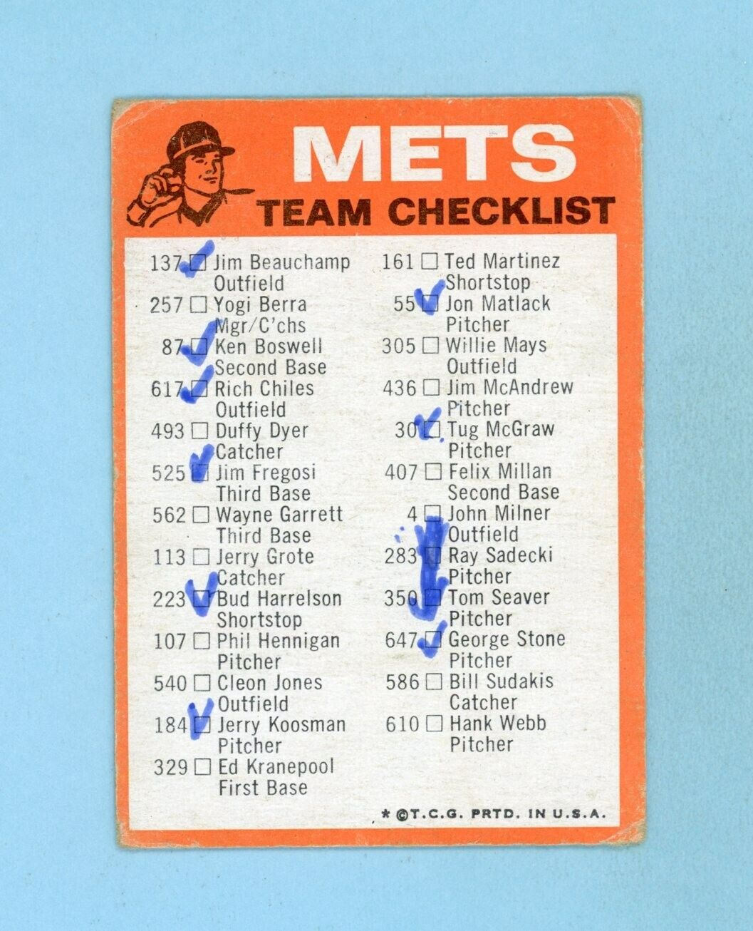 1973 Topps Team Checklist New York Mets Baseball Card VG checked