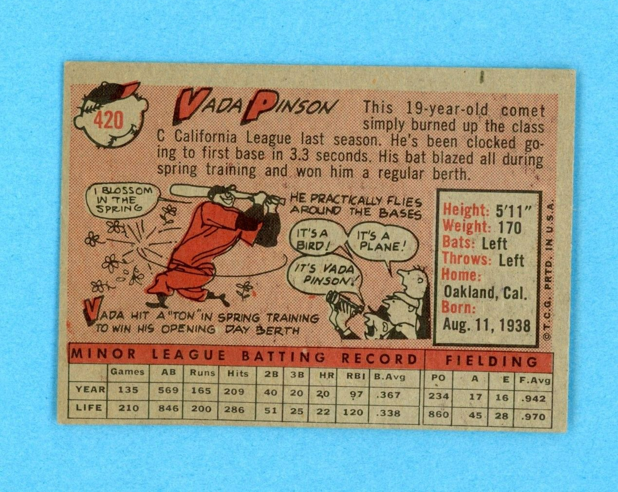 1958 Topps #420 Vada Pinson Cincinnati Redlegs Rookie Baseball Card Ex/Mt o/c