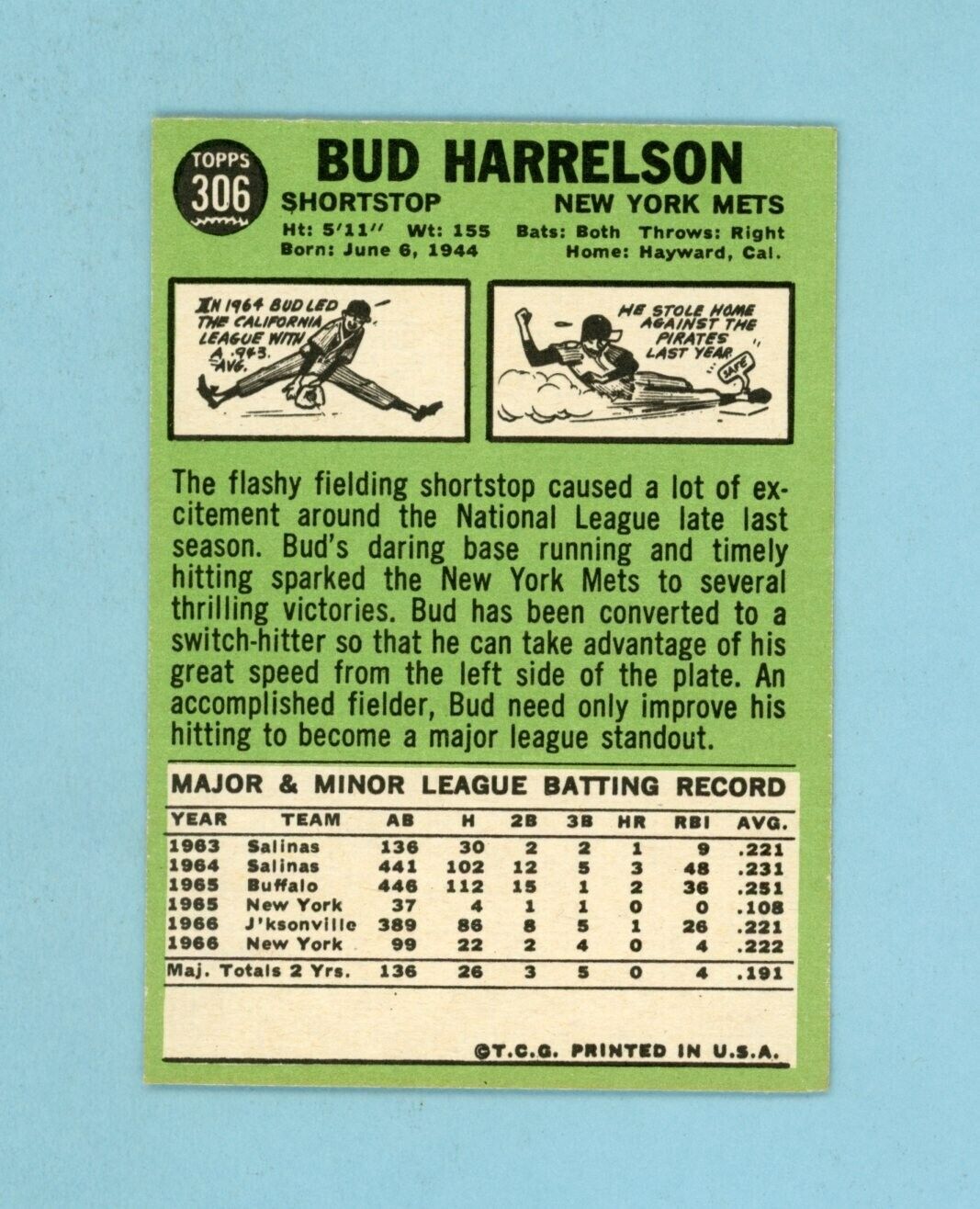 1967 Topps #306 Bud Harrelson New York Mets Rookie Baseball Card Ex/Mt-NM