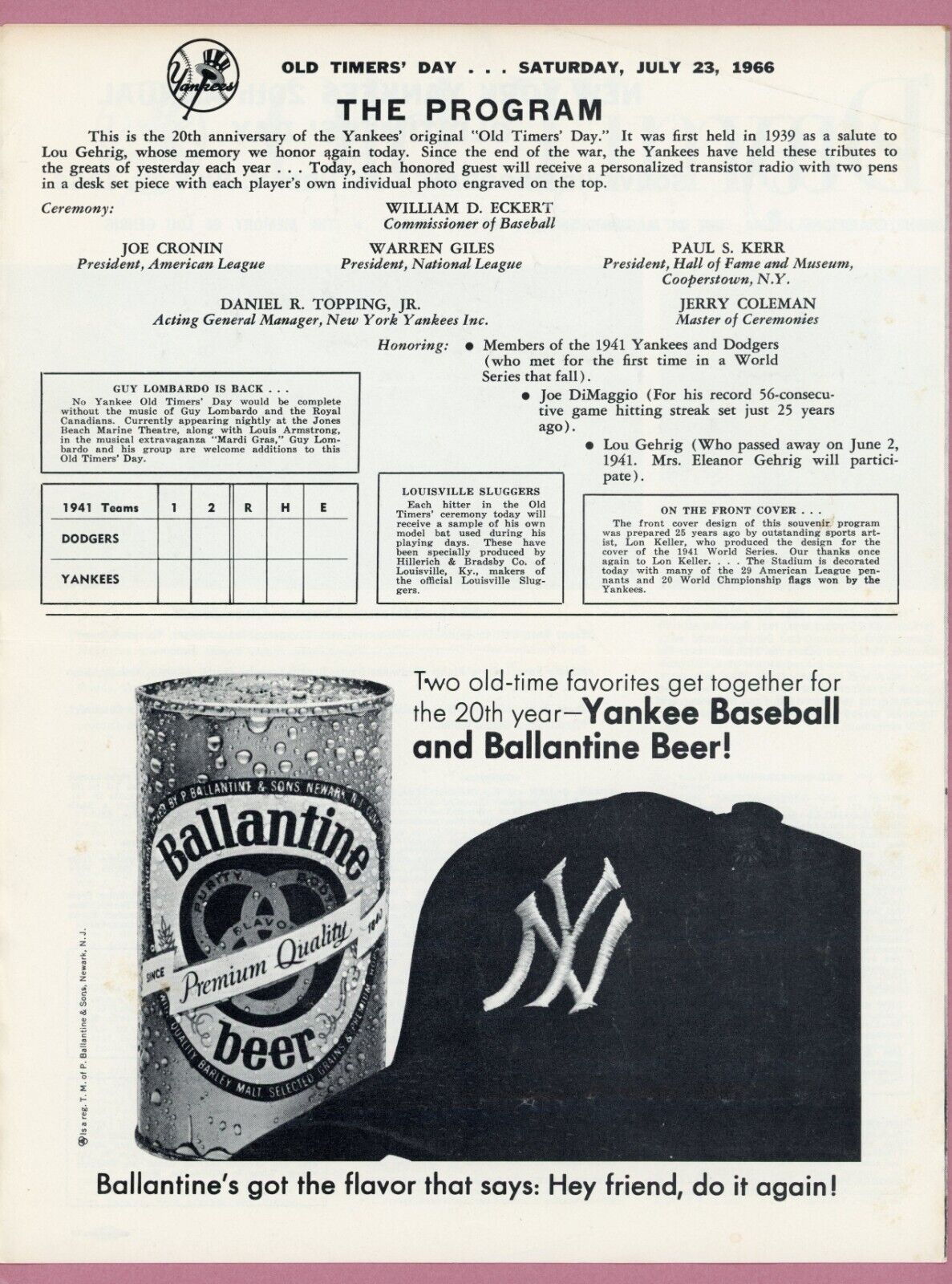 July 23, 1966 New York Yankees 20th Annual Old Timers Day 4 page Program