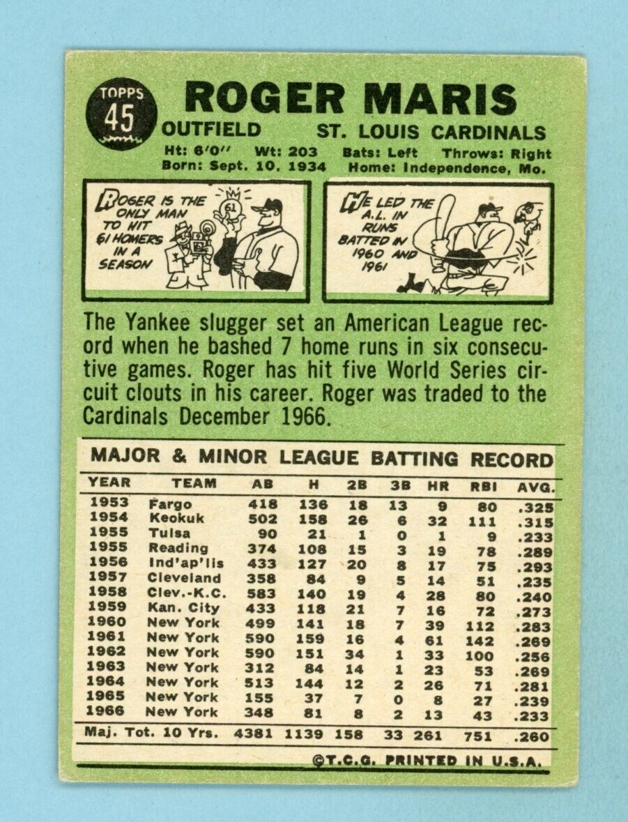 1967 Topps #45 Roger Maris St. Louis Cardinals Baseball Card EX