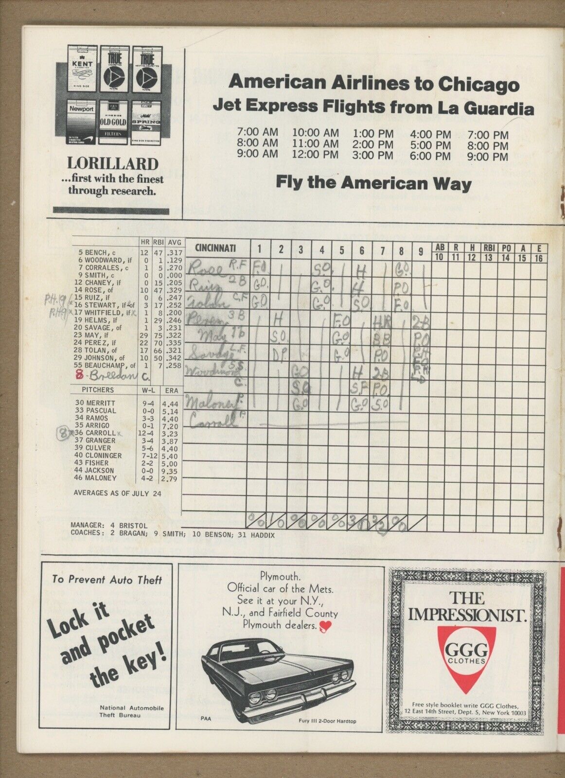 July 25, 1969 NY Mets vs Cincinnati Reds Program at Shea Stadium • Neatly Scored