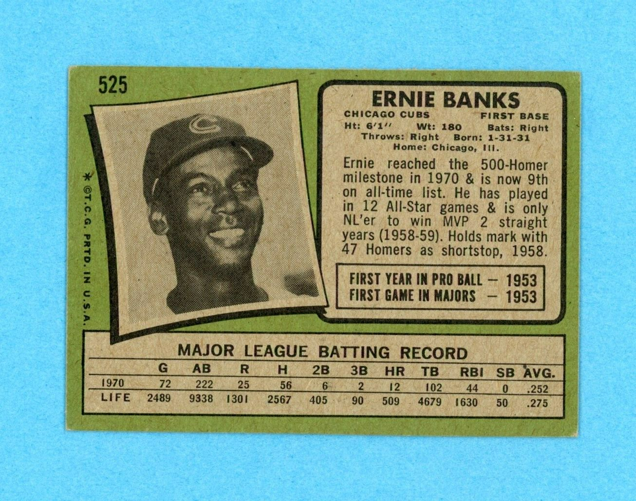 1971 Topps #525 Ernie Banks Chicago Cubs Baseball Card EX o/c scrs