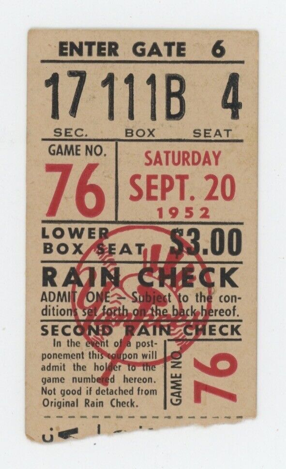 9/20/52  Philadelphia Athletics vs. New York Yankees Ticket Stub