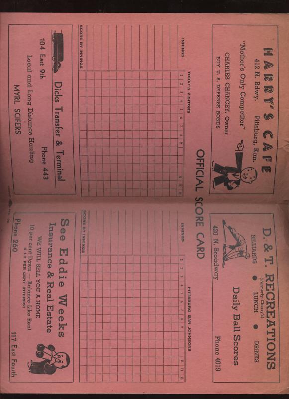 1942 Pittsburgh Ban Johnson Baseball Scorecard VG