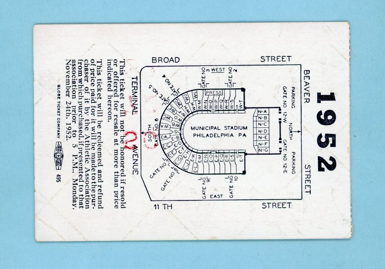 November 29, 1952 Army vs Navy Football Game Ticket Stub