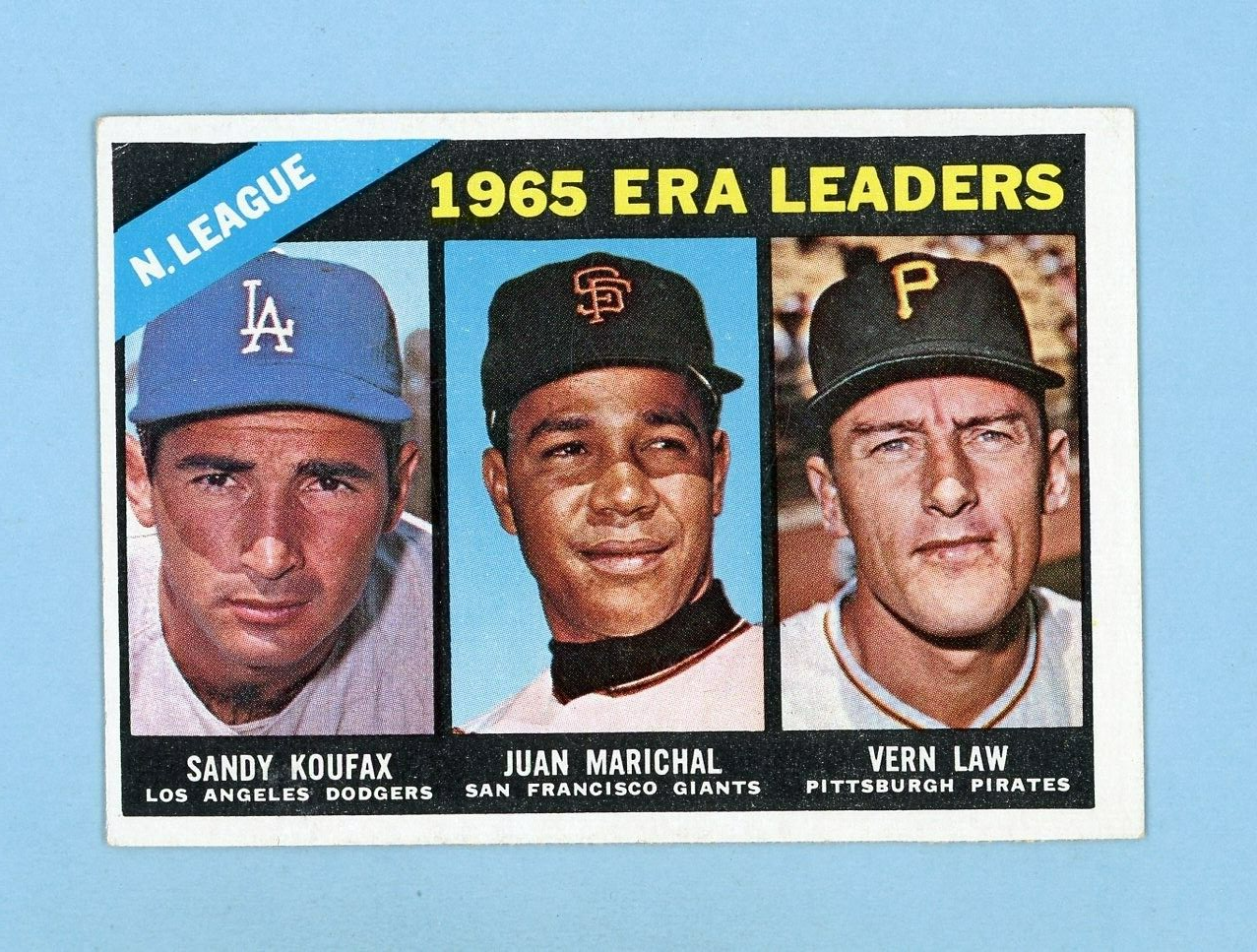 1966 Topps #221 1965 NL ERA Leaders Koufax Marichal Law Baseball Card E++ oc twk