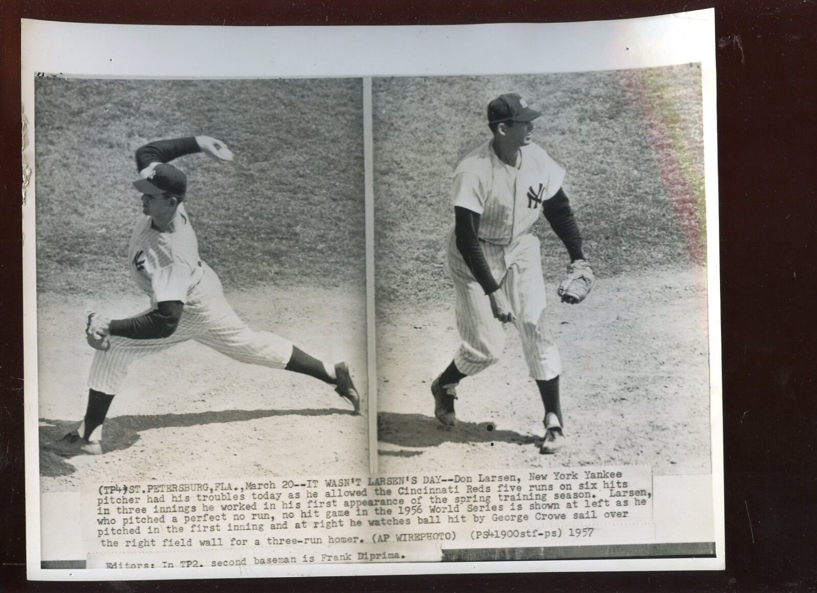 Original March 20 1957 Don Larsen New York Yankees Pitching 8 X 10 Wire Photo