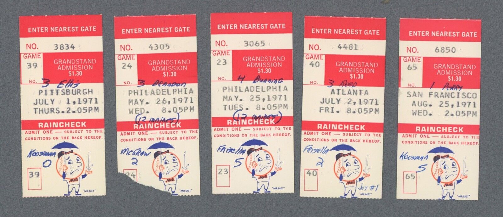 Lot of 5 • 1971 New York Mets at Shea Stadium Ticket Stubs 