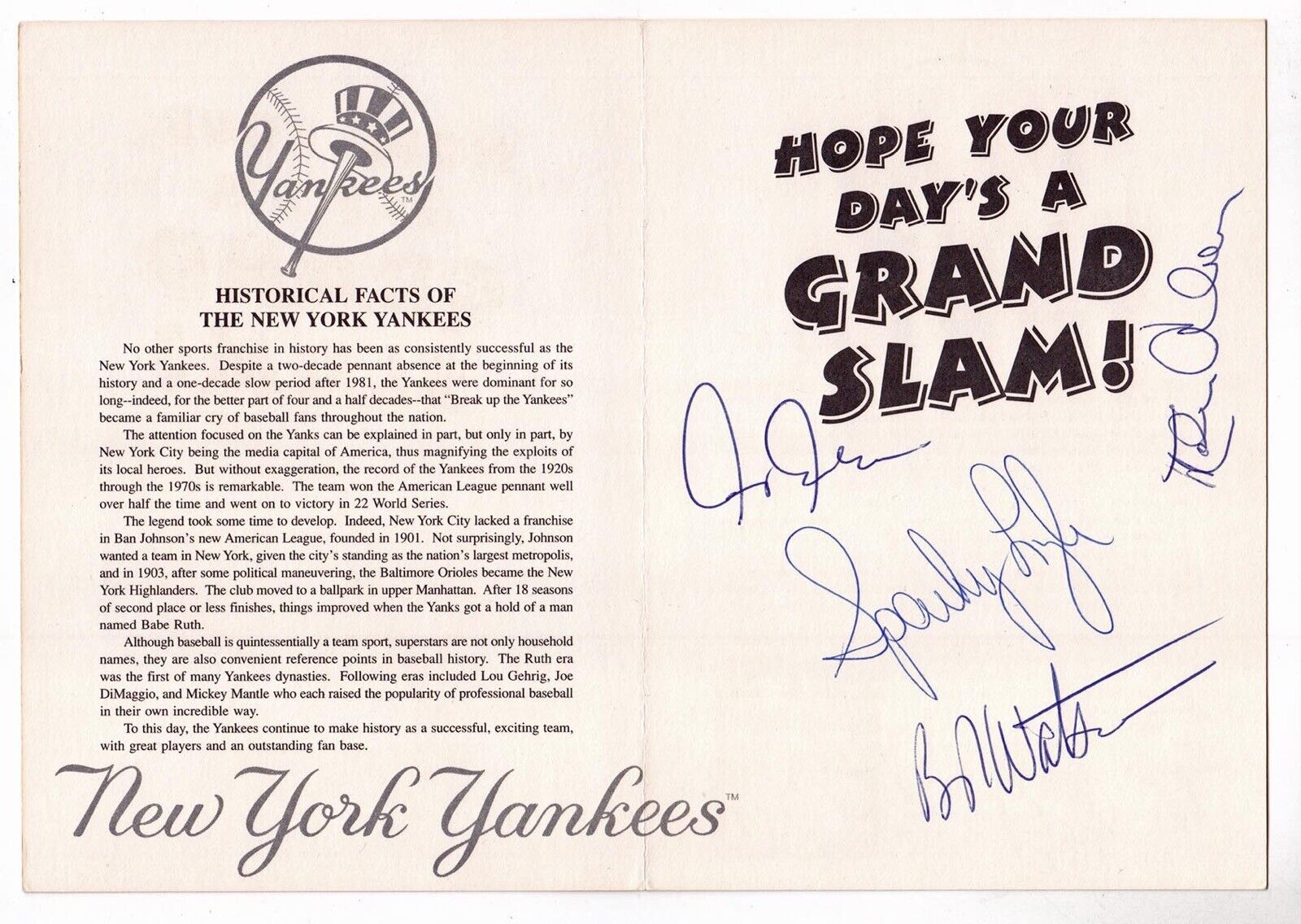 New York Yankees Signed Birthday Card Watson, Lyle, Chambliss, Alou