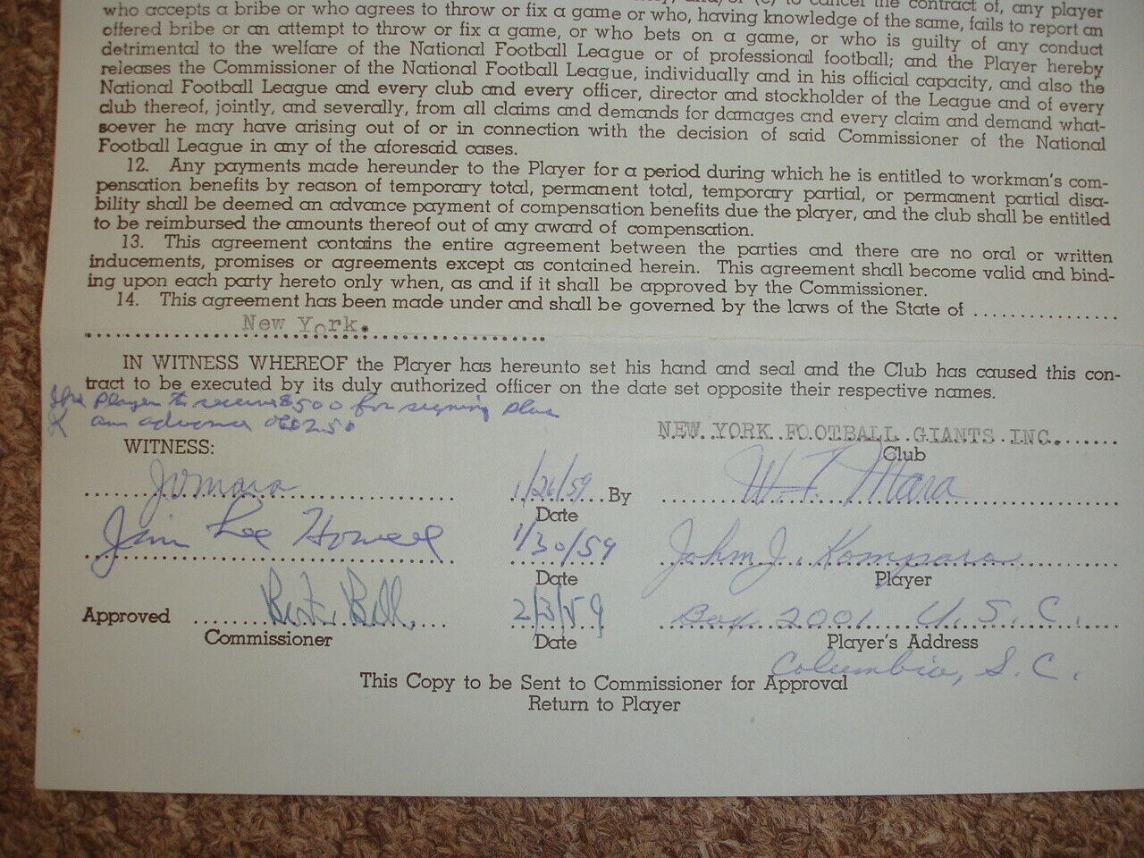 Bert Bell Wellington Mara John Kompara Multi Signed 1959 Giants NFL Contract JSA