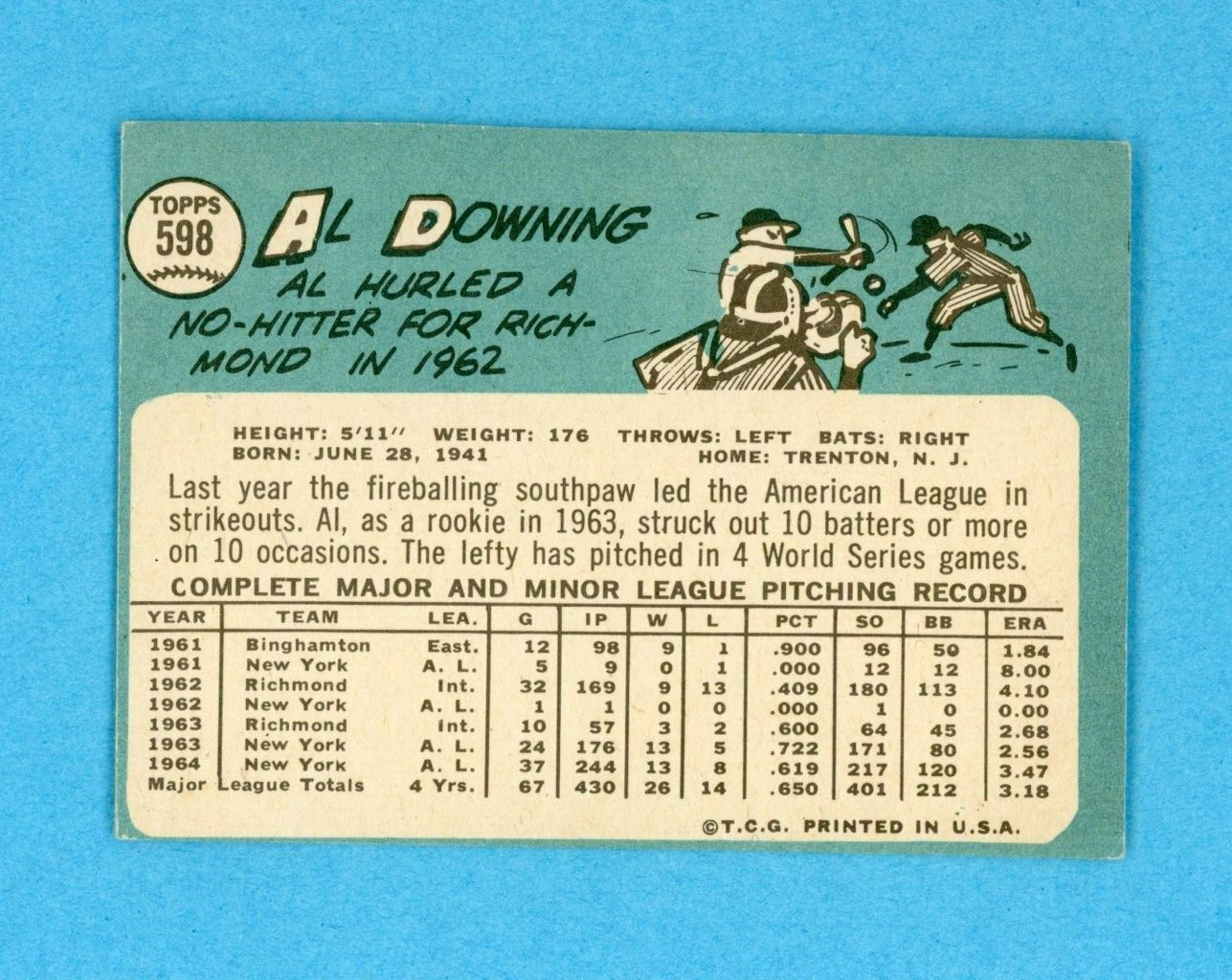 1965 Topps #598 Al Downing New York Yankees Short Print Baseball Card EX o/c