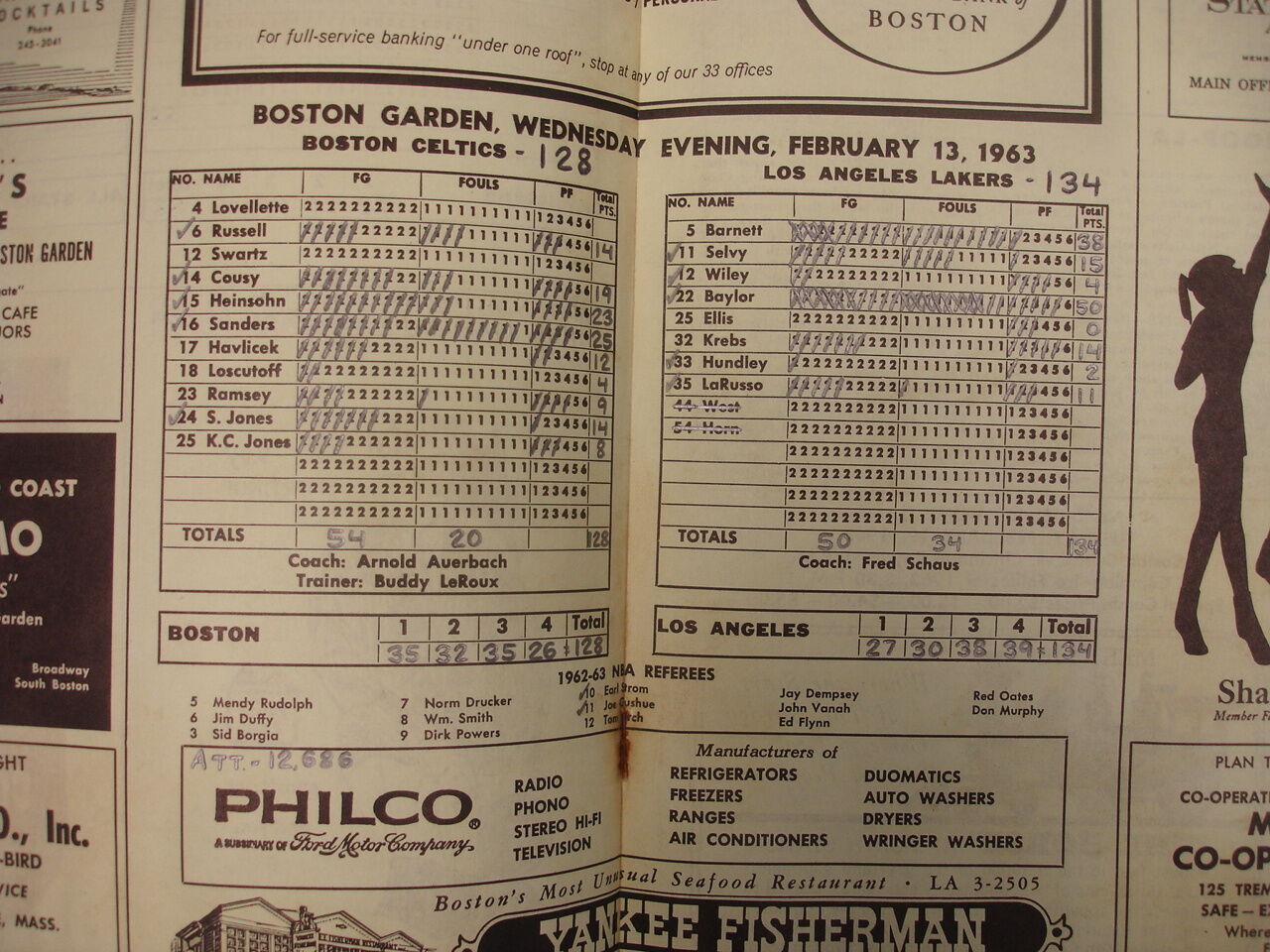 February 13, 1963 Harlem vs. Connecticut, LA Lakers @ Boston Celtics Program