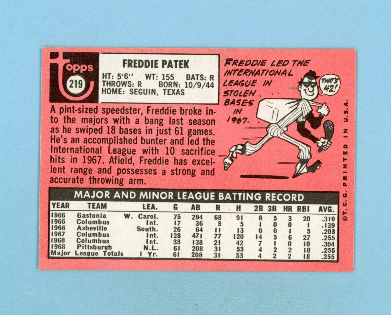 1969 Topps #219 Freddie Patek Pittsburgh Pirates Rookie Baseball Card Ex/Mt scr