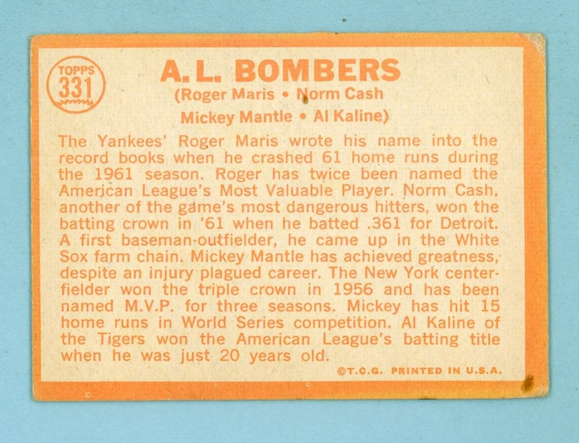 1964 Topps #331 A. L. Bombers Maris Cash Mantle Kaline Baseball Card VG wk/crs