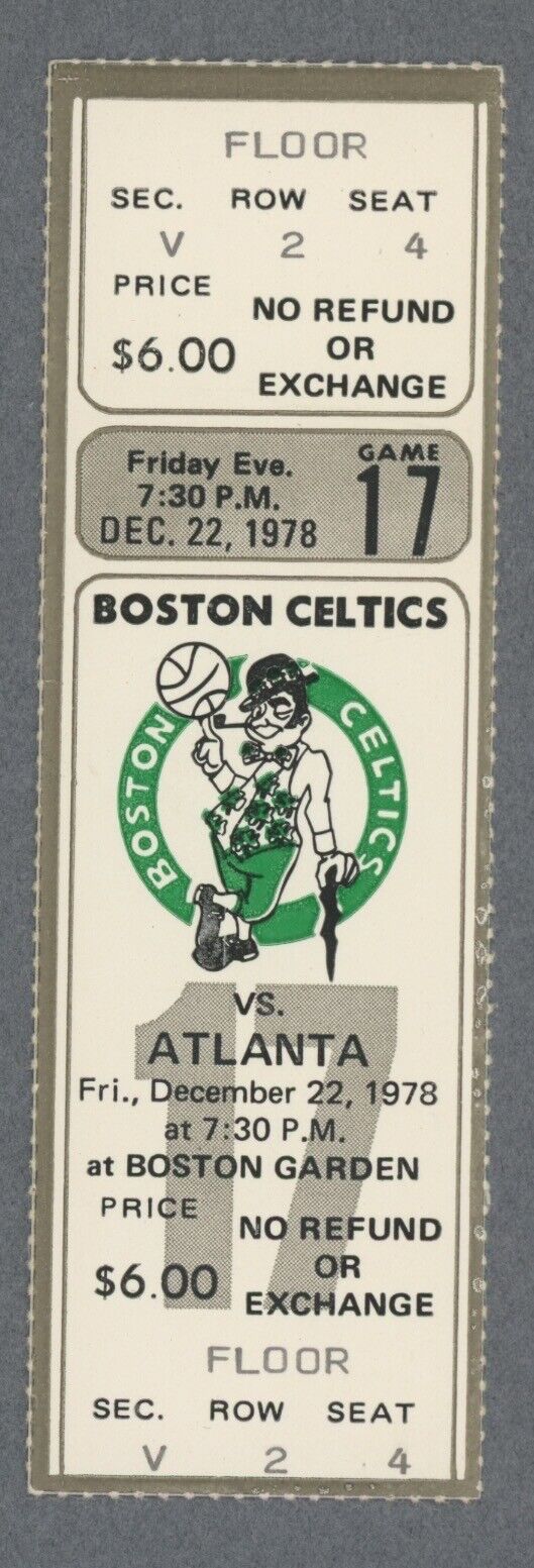 12/22/78 Atlanta Hawks vs Boston Celtics at Boston Garden Full Ticket