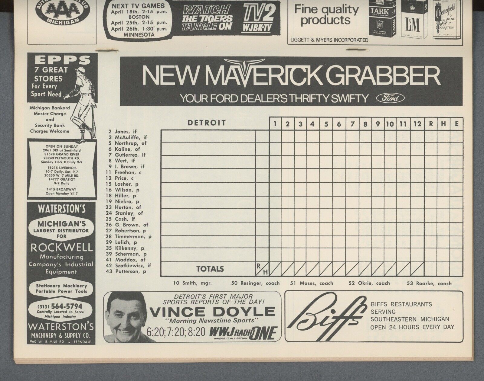 1970 Detroit Tigers Scorebook vs Cleveland Indians • Unscored