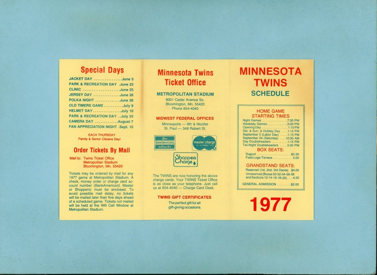 1977 Minnesota Twins Pocket Schedule