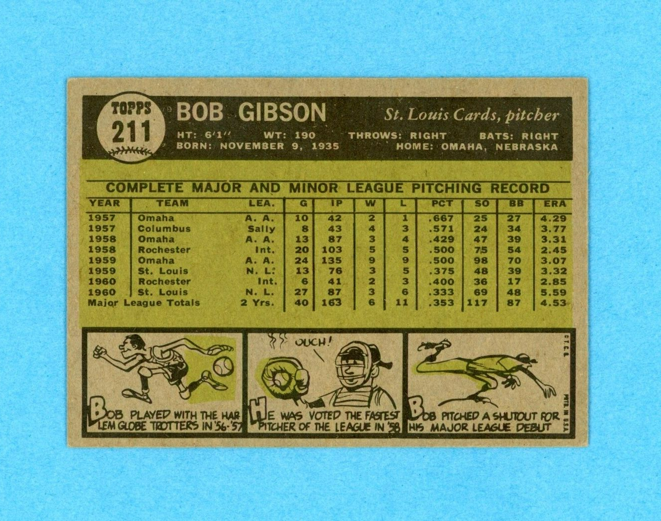 1961 Topps #211 Bob Gibson St. Louis Cardinals Baseball Card E++-E/M ap vls sb